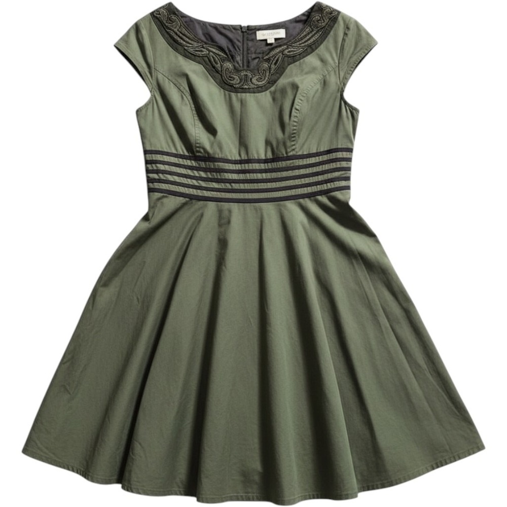 eShakti Custom Fit and Flare Dress S Olive Green Embroidered Pockets Retro Indie